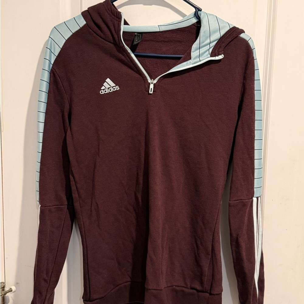 Adidas Men's Burgundy and Light Blue Zip-Up Sweater